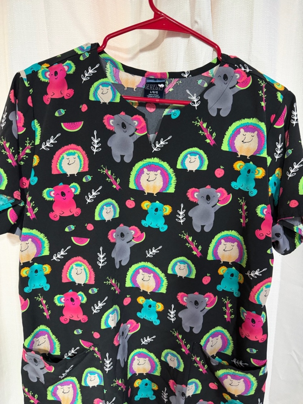 Women’s Black Koala & hedgehog Rainbow scrub top size large